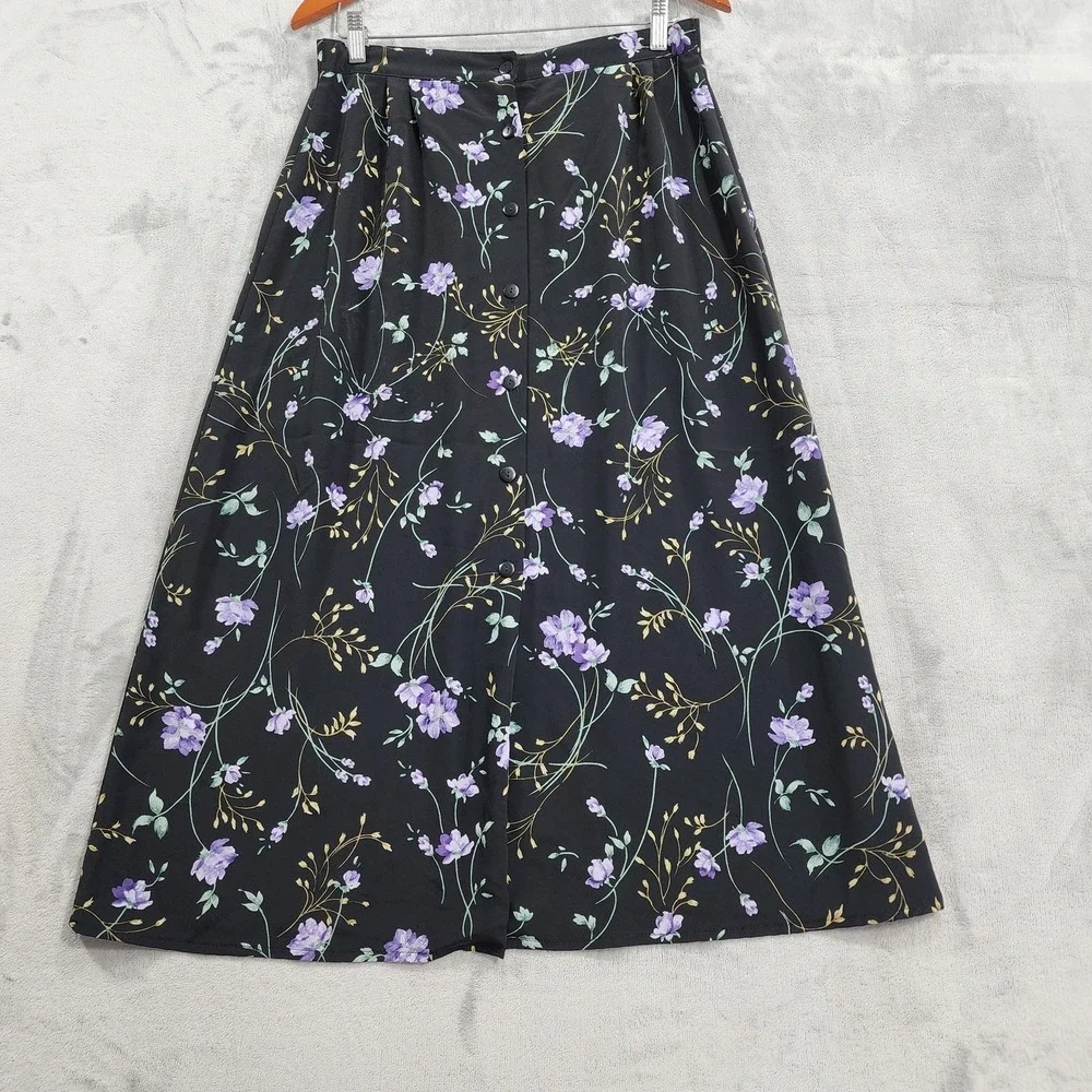 Vintage Bentley Skirt Womens L Black Purple Floral A-Line Button Front Midi